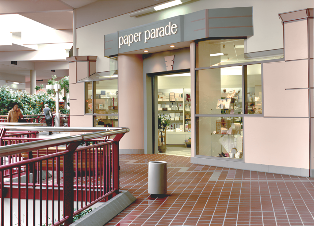 Image of Paper Parade inside Valley Fair in Santa Clara, California, designed by architect Jeff Finsand.
